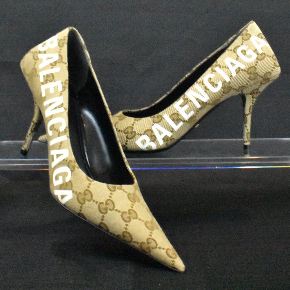 BALENCIAGA X GUCCI GG Monogram Square Knife 80mm Pumps Beige Ebony - Picture 1 of 5